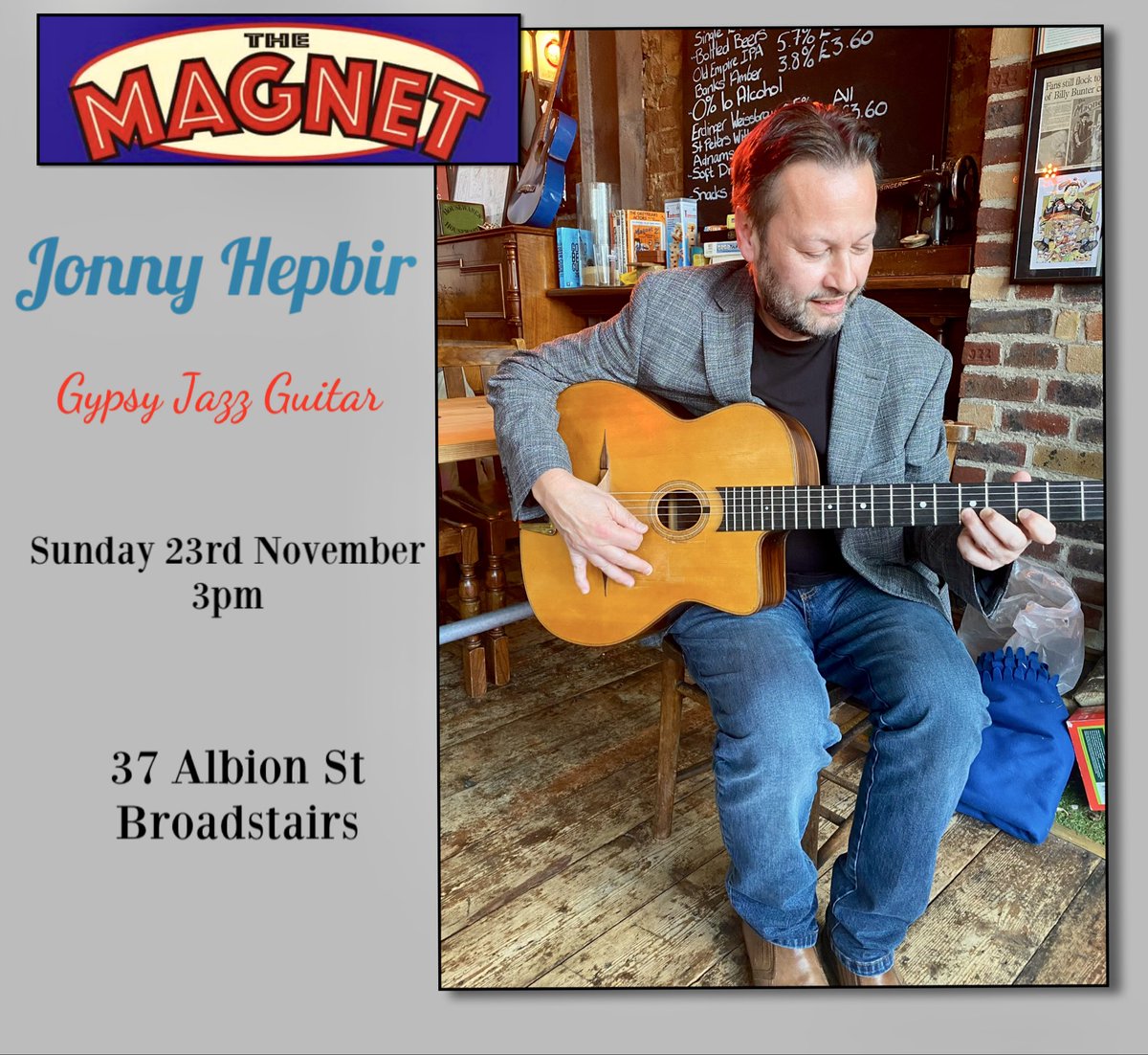 JonnyHepbir's tweet image. This Sunday 23rd November from 3pm I will be thrusting notes into ears at @Themagnetmicro1 in #broadstairs come and surrender yours to Jonny 

#gypsyjazz #djangoreinhardt #broadstairskent