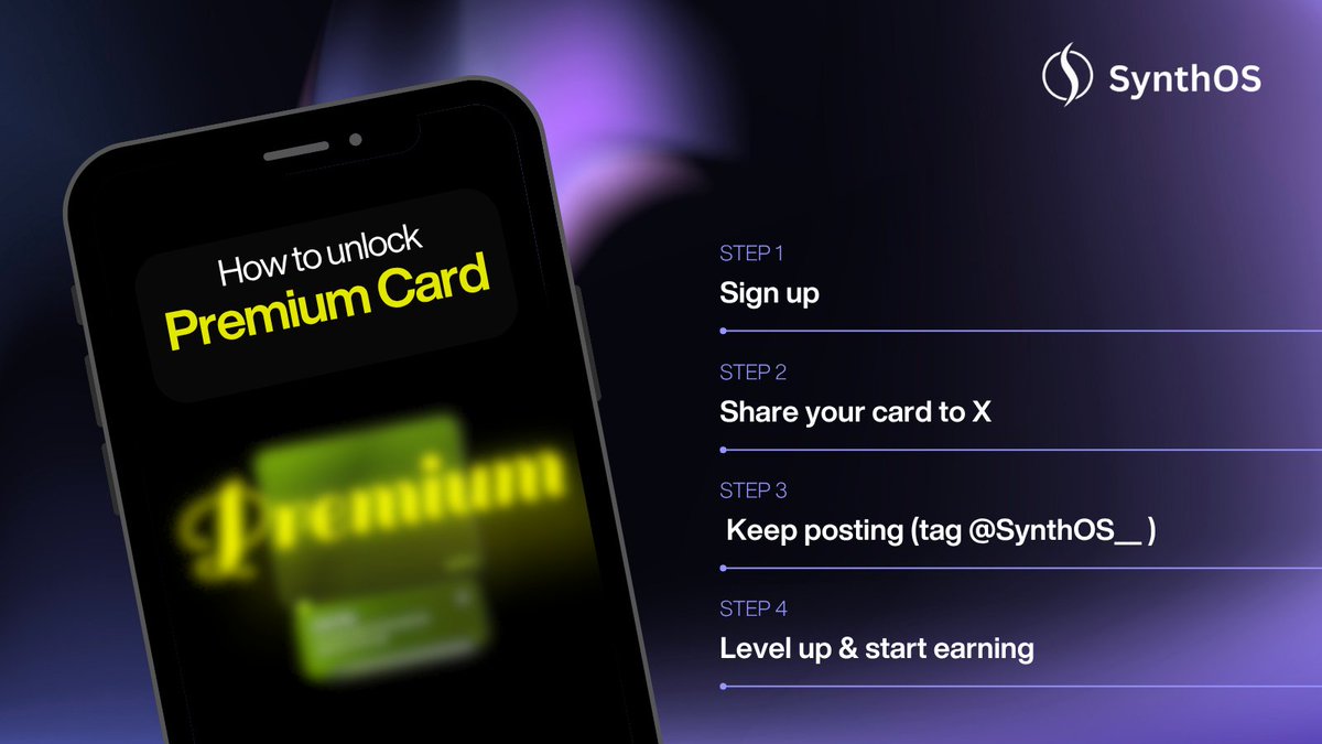 Lots of you asking how to get the Premium Card

here’s the play:
1. sign up
2. share your card to Twitter → instant starter card

then just keep posting about SynthOS 
(strategies, wins, tutorials, etc).

each post = points.

stack points → unlock Premium Card → real