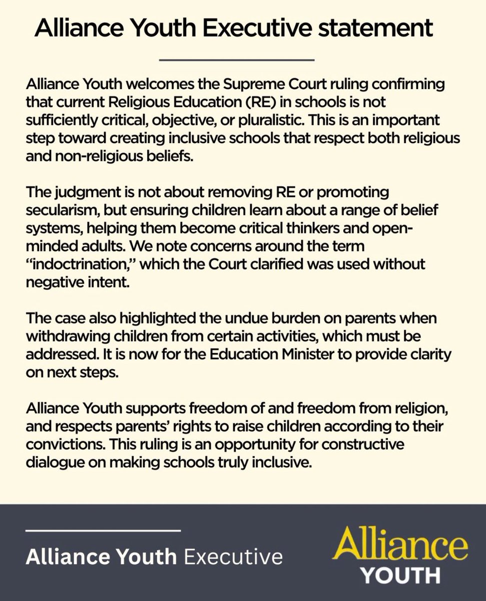AllianceYouthNI's tweet image. Alliance Youth Executive statement on the Supreme Court ruling that Christian Focused RE taught in NI schools is unlawful. 🏛️✅
#allianceyouth #statement #religiouseducation #supremecourt