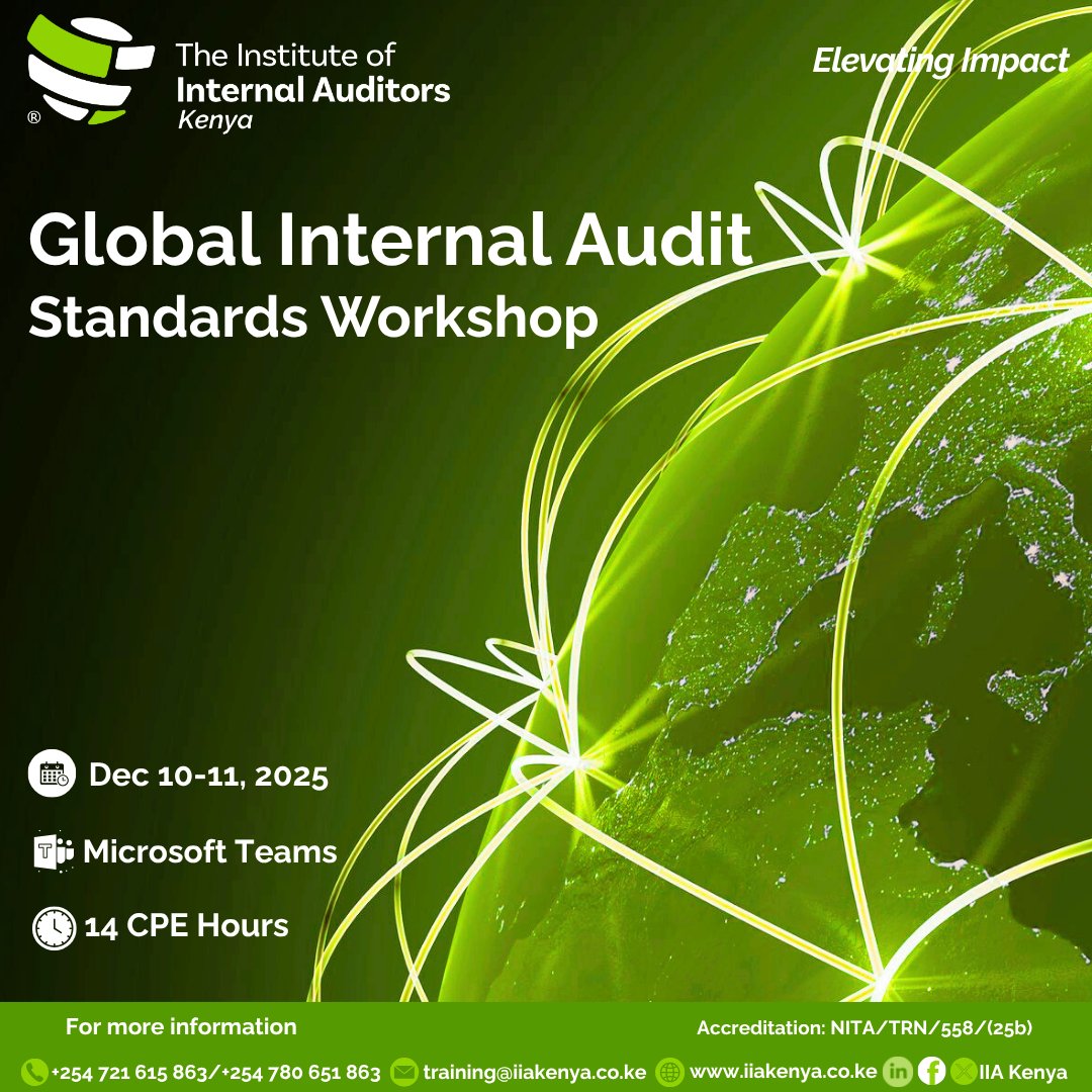 IIAKenya's tweet image. Join us for the Global Internal Audit Standards Workshop happening on 10th &amp;amp; 11th December 2025 to gain practical insights and learn how they impact internal audit practices worldwide.  Register at iiakenya.glueup.com/event/global-i…