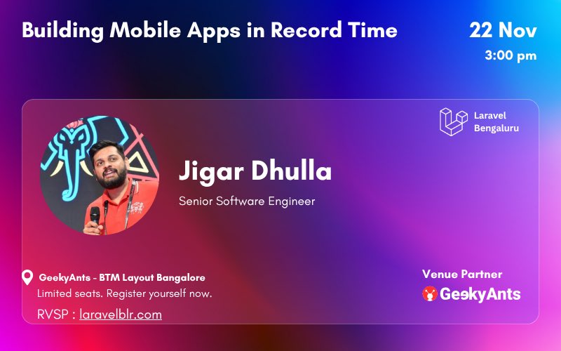 LaravelBLR's tweet image. 🚀 Want to build mobile apps faster than ever? Join us this Saturday as Jigar Dhulla shares how to ship apps in record time!

Registrations still open - luma.com/a76rldhh