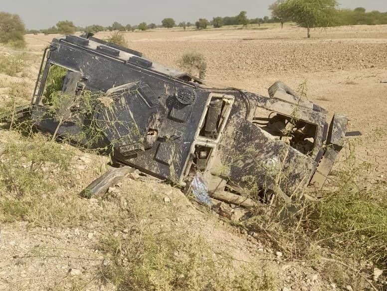 OSPSF's tweet image. In Dera Ismail Khan, an Armoured Personnel Carrier (APC) of the Khyber Pakhtunkhwa police came under an IED attack. Two Pakistani policemen have been martyred in the attack and a further seven are injured.