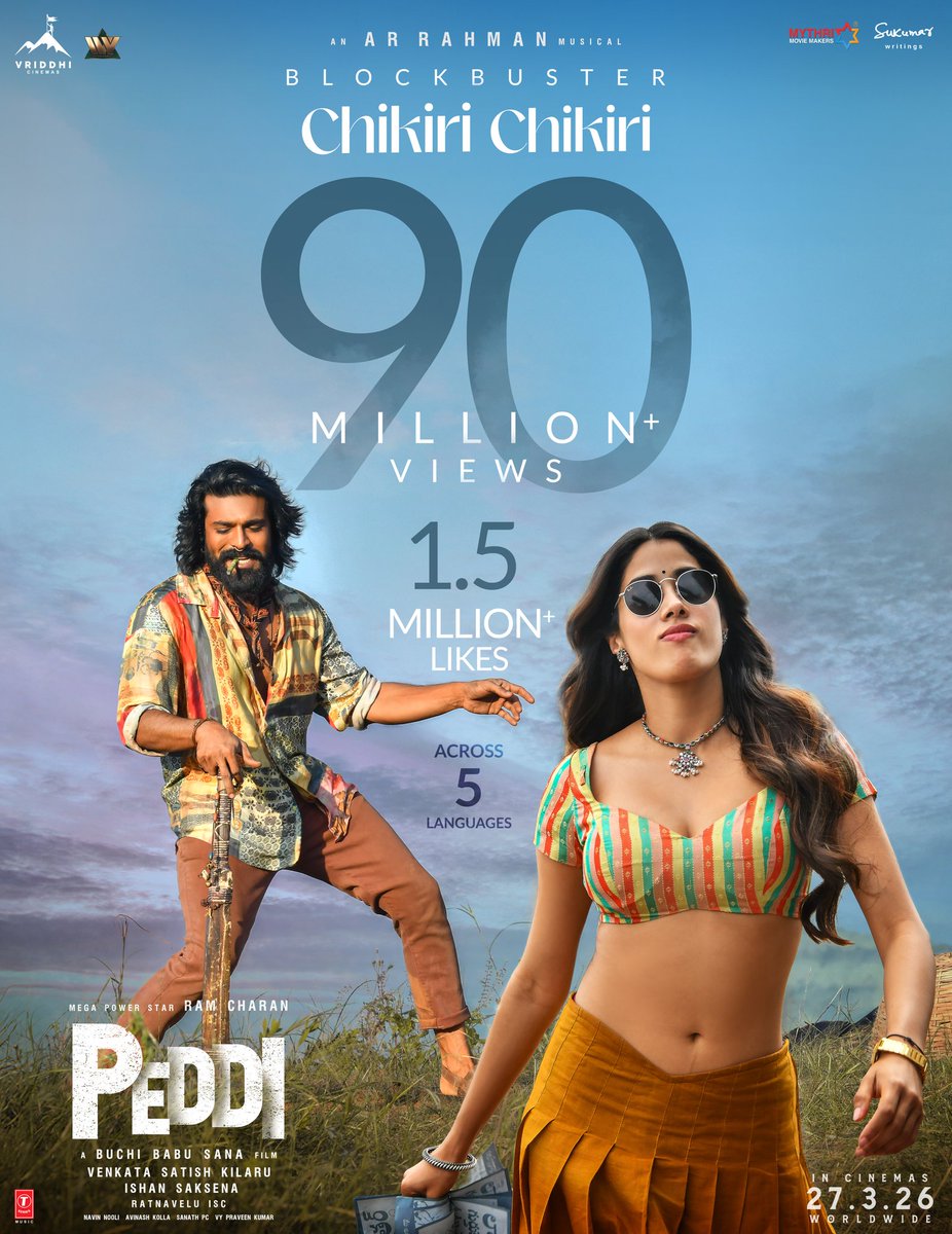 PeddiMovieOffl's tweet image. 90 MILLION+ VIEWS &amp;amp; 1.5 MILLION+ LIKES for  #ChikiriChikiri across 5 languages ❤‍🔥

The CHIKIRI VIBE just keeps growing on the audience 💥

🔗 linktr.ee/CHIKIRISong

#PEDDI WORLDWIDE RELEASE ON 27th MARCH, 2026.