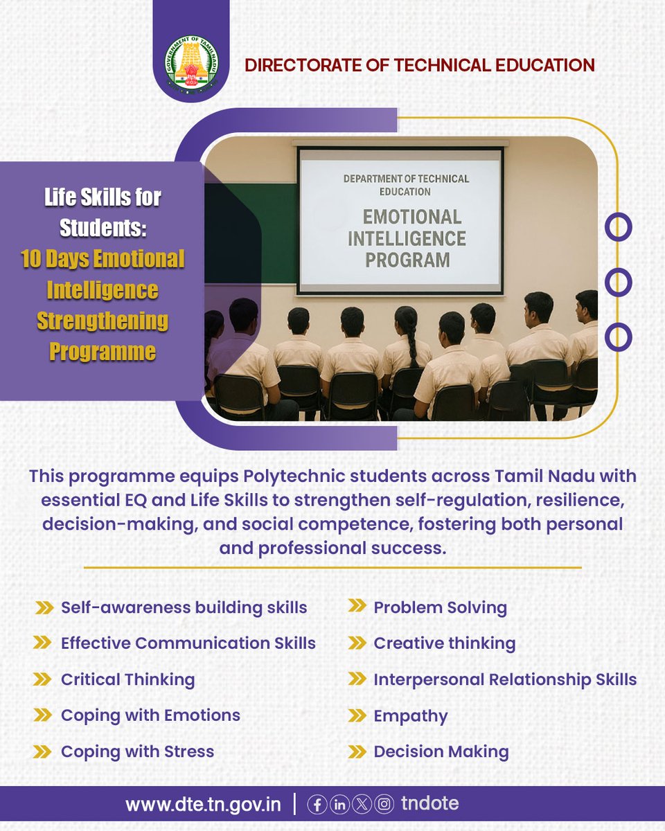 TNDOTE's tweet image. A focused 10-day programme empowering polytechnic students with emotional intelligence, communication skills, problem-solving abilities, and the confidence to face real-world challenges.

#PolytechnicTraining #StudentDevelopment #SkillEnhancement #EmotionalIntelligence