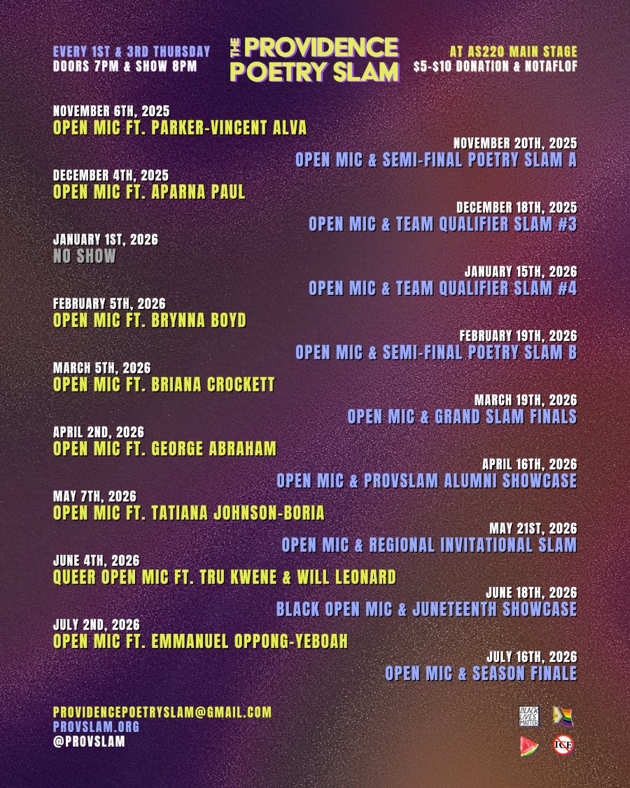 ProvidenceSlam's tweet image. Tonight! ProvSlam Semi-Final A! This first round of two semi-final slams will have all poets who have qualified so far. See who advances to Grand Slam Finals and support local spoken word &amp;amp; art &amp;lt;3 Doors open and open mic sign-up at 7pm. $5-10 suggested donation #poetry #pvd