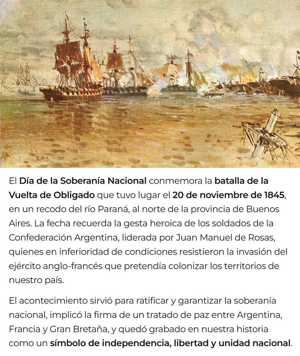 "Día de la Soberanía Nacional":
Porque se cumplen 180 años desde la batalla de la Vuelta de Obligado