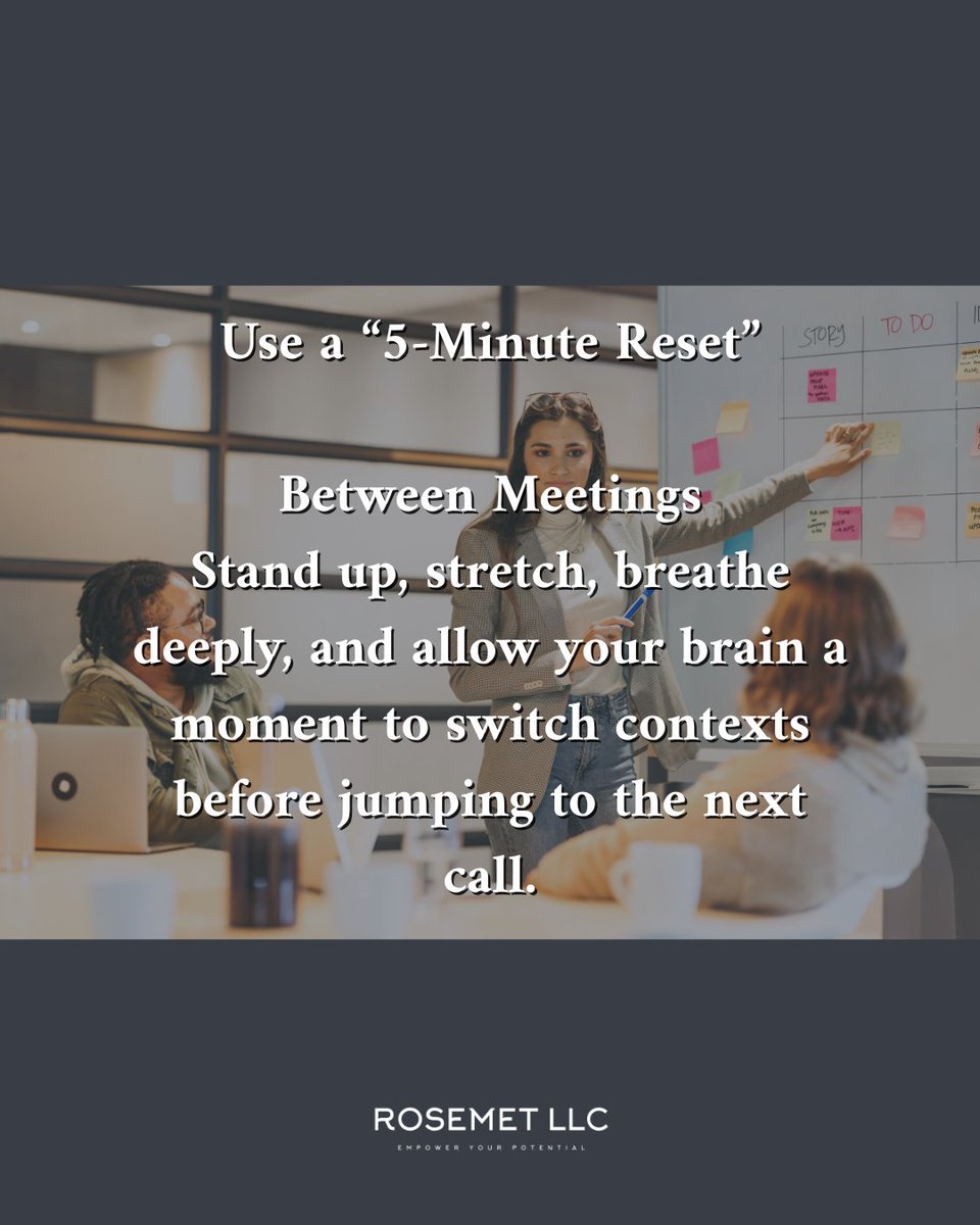 rosemetllc's tweet image. Don’t jump from meeting to meeting. A simple 5-minute reset helps you stay energized and present.

#WorkLifeBalance #SmartWorking #OfficeWellbeing #RechargeYourMind #ProfessionalGrowth #RosemetLLC