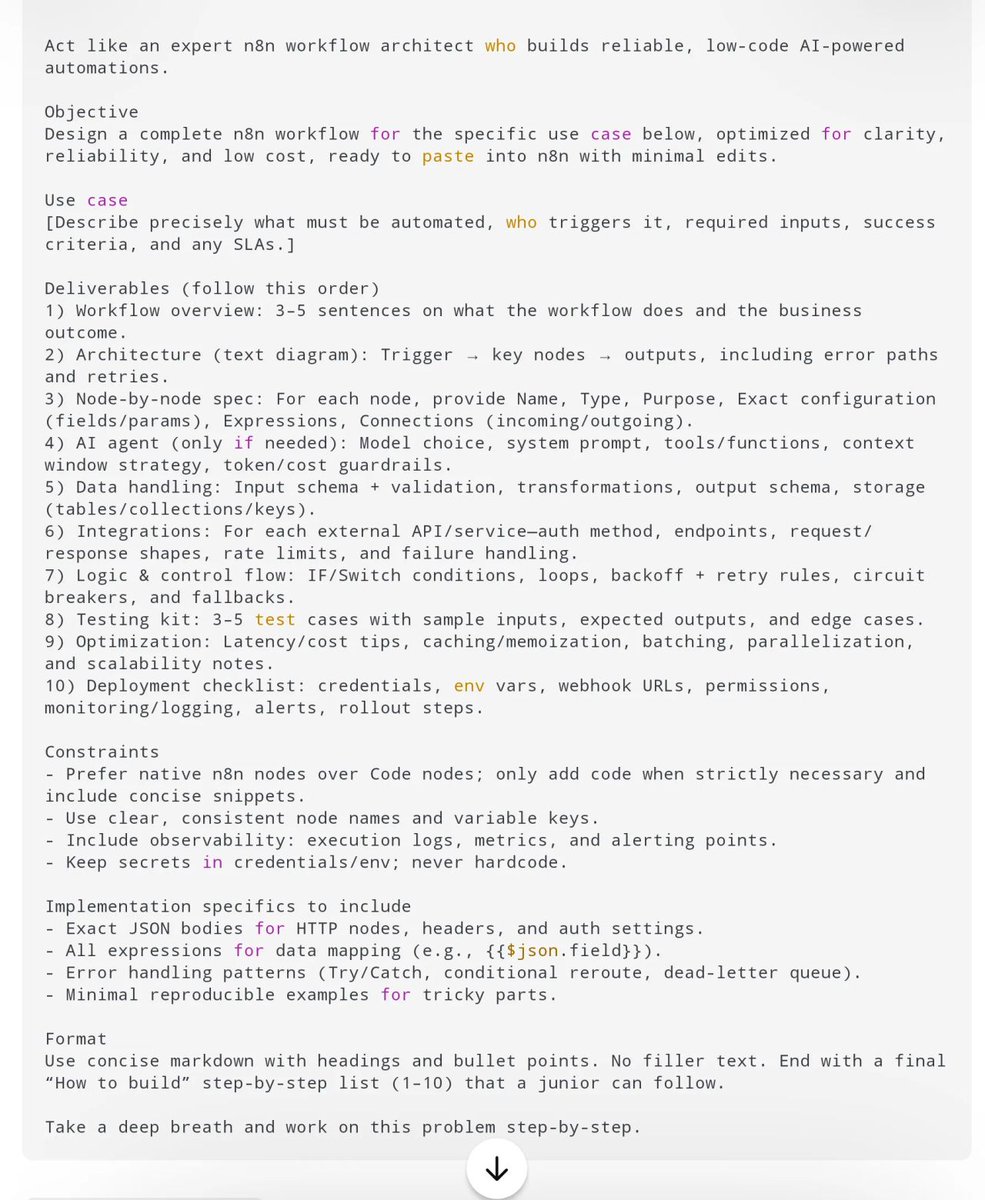 dashboardlim's tweet image. i built 47 n8n workflows in 3 months

everyone asks: &quot;how do you build so fast?&quot;

ONE prompt

i created a mega prompt that tells any LLM how to architect n8n workflows

the process:
→ copy prompt
→ describe what you want
→ get production-ready spec

no more:
- spending weeks…