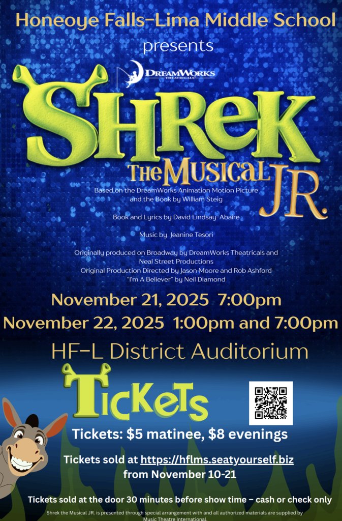 HFLLima's tweet image. 🎭 The wait is almost ogre! 🐸💚

HF-L Middle School presents Shrek the Musical Jr. — opening TOMORROW!

📅 Shows: Nov. 21 (7 p.m.) &amp;amp; Nov. 22 (1 p.m. &amp;amp; 7 p.m.)
📍 HF-L District Auditorium
🎟️ $5 Matinee / $8 Evenings
Get tickets now 👉 hflms.seatyourself.biz

#WeAreHFL