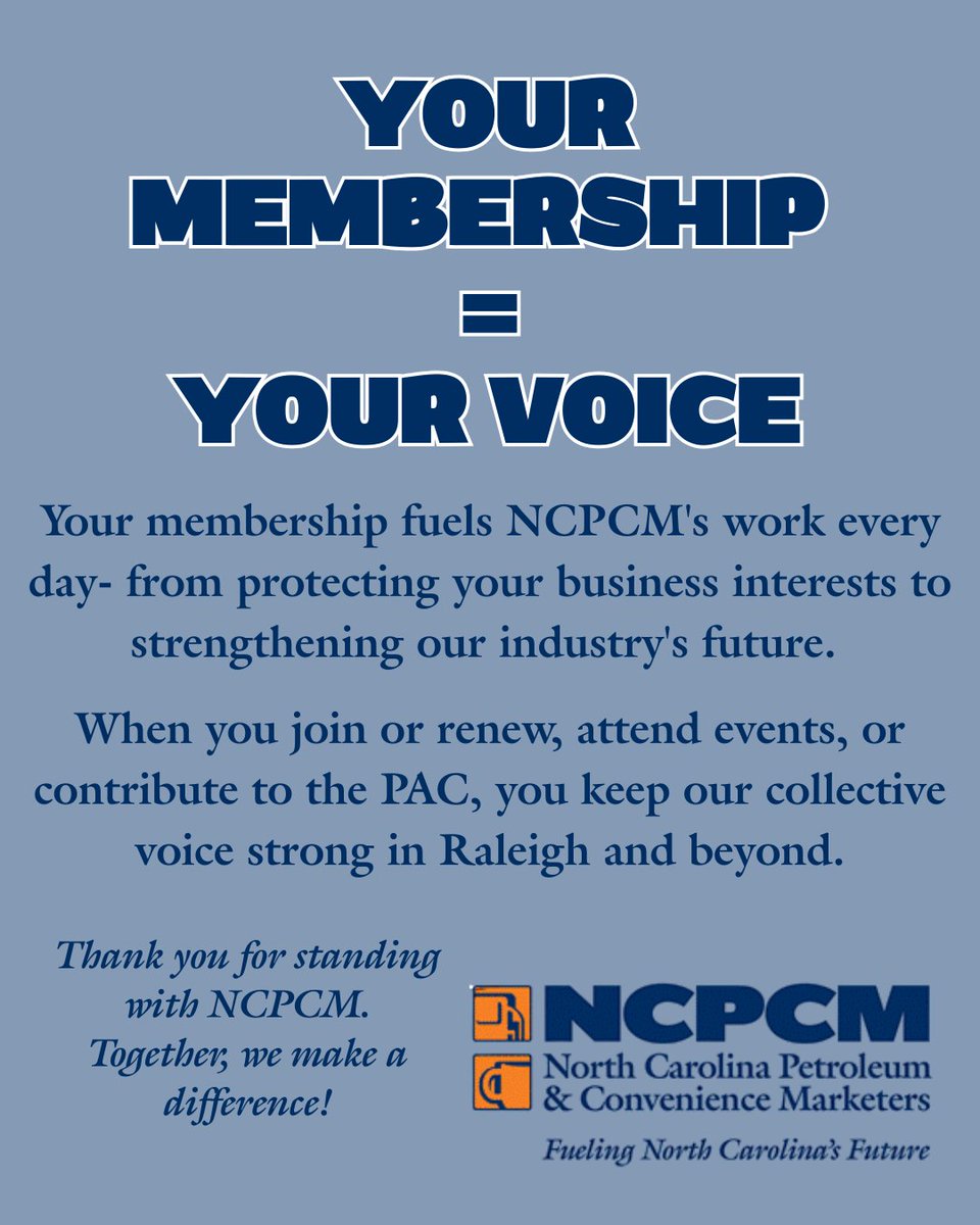 NCPCM's tweet image. Every NCPCM member is vital in advancing North Carolina’s petroleum industry. 💪 Your support fuels our advocacy and keeps us strong. Thank you for standing with NCPCM! 🙌 #NCPCM #WeLeadTogether #IndustryLeadership #FuelingAdvocacy #MembershipMatters