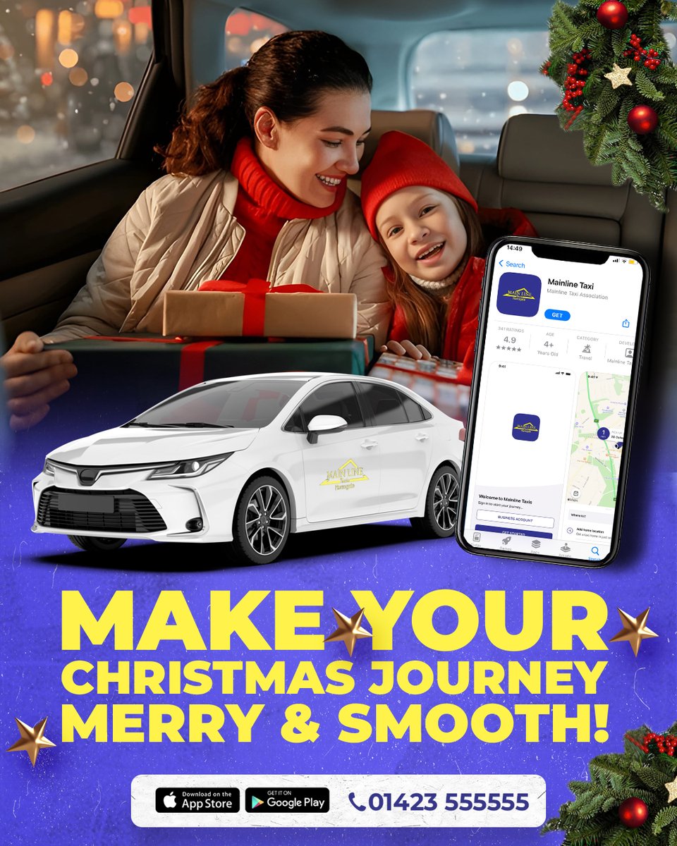 MainlineTaxis's tweet image. Make your Christmas travel hassle-free with Mainline Taxis. ✨

Pre-book your journeys early, skip the festive rush, and enjoy a smooth, reliable trip every time. 

#HolidayTravel #Harrogate #MainlineTaxis #FestiveSeason #PreBookNow #LocalTransport