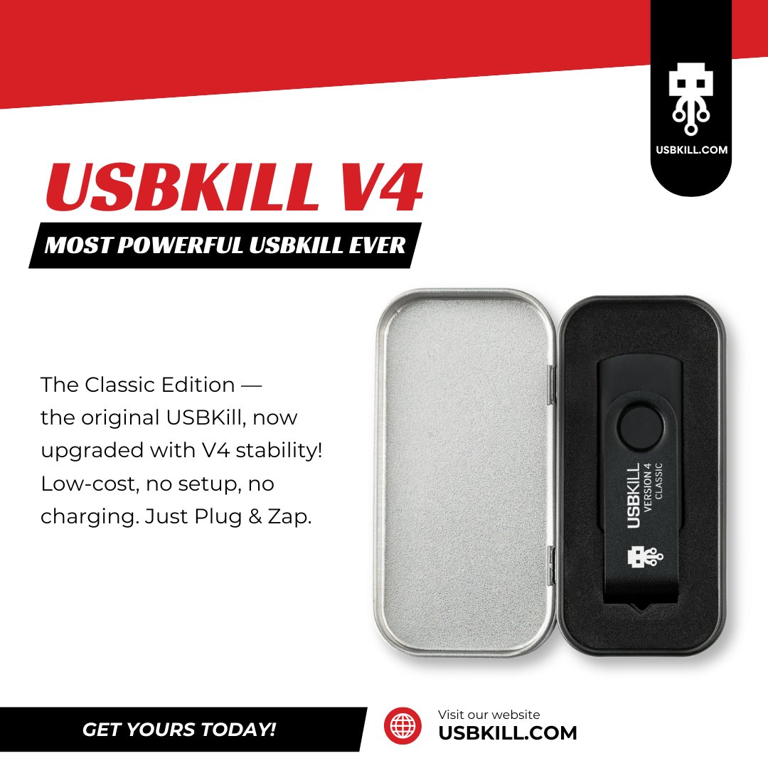 USBKill's tweet image. Simple doesn’t mean limited. USBKill Classic is built to handle even the toughest tests. ⚙️ l.usbkill.com/ZC6Ve 
#HardwareTesting #USBKillV4 #USBKill #Pentesting #infosec #security #RedTeam