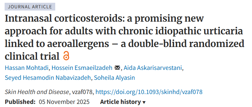 SkinHealthDis's tweet photo. Newly published in @SkinHealthDis: Intranasal corticosteroids: a promising new approach for adults with chronic idiopathic urticaria linked to aeroallergens – a double-blind randomized clinical trial https://t.co/ElIvuWiIX7 #clinicaltrial #originalarticle #DermTwitter https://t.co/3hiQA6I7Xf
