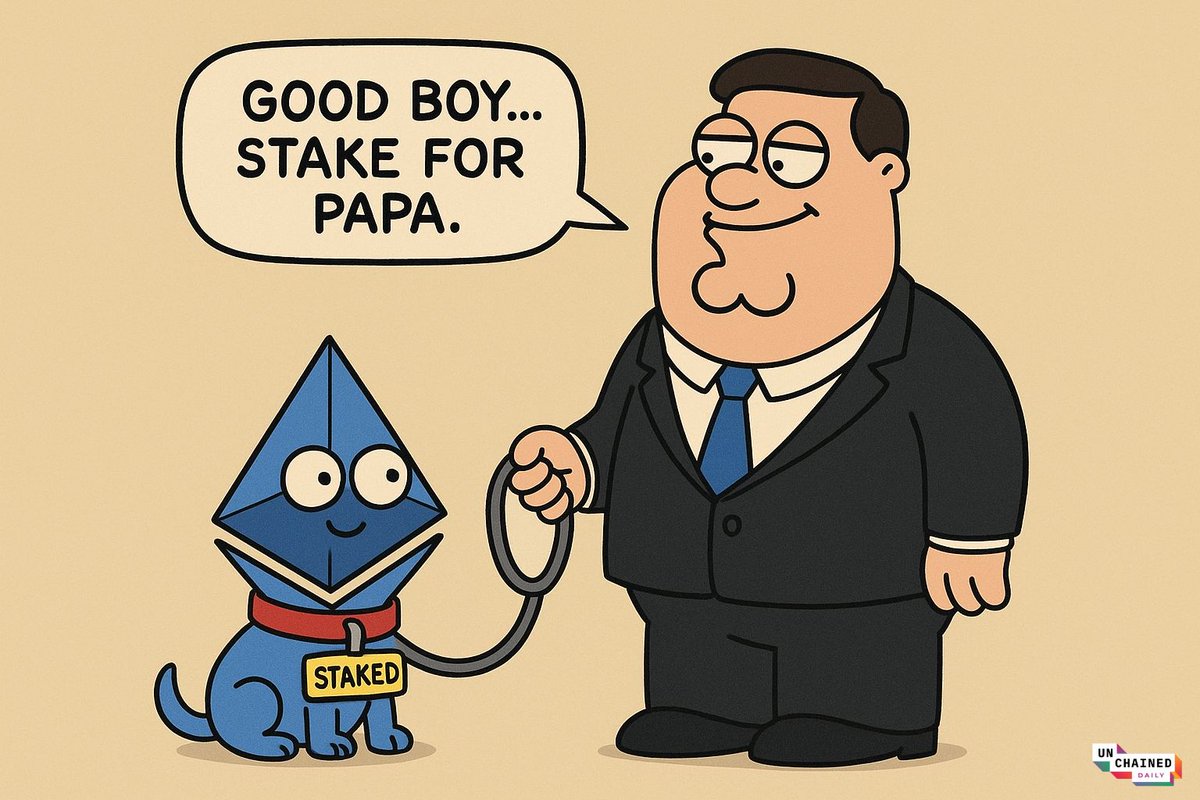 목줄에 묶여 'Staked'라는 꼬리표가 붙은 이더리움 캐릭터를 강아지로 산책시키는 사업가의 유머러스한 만화