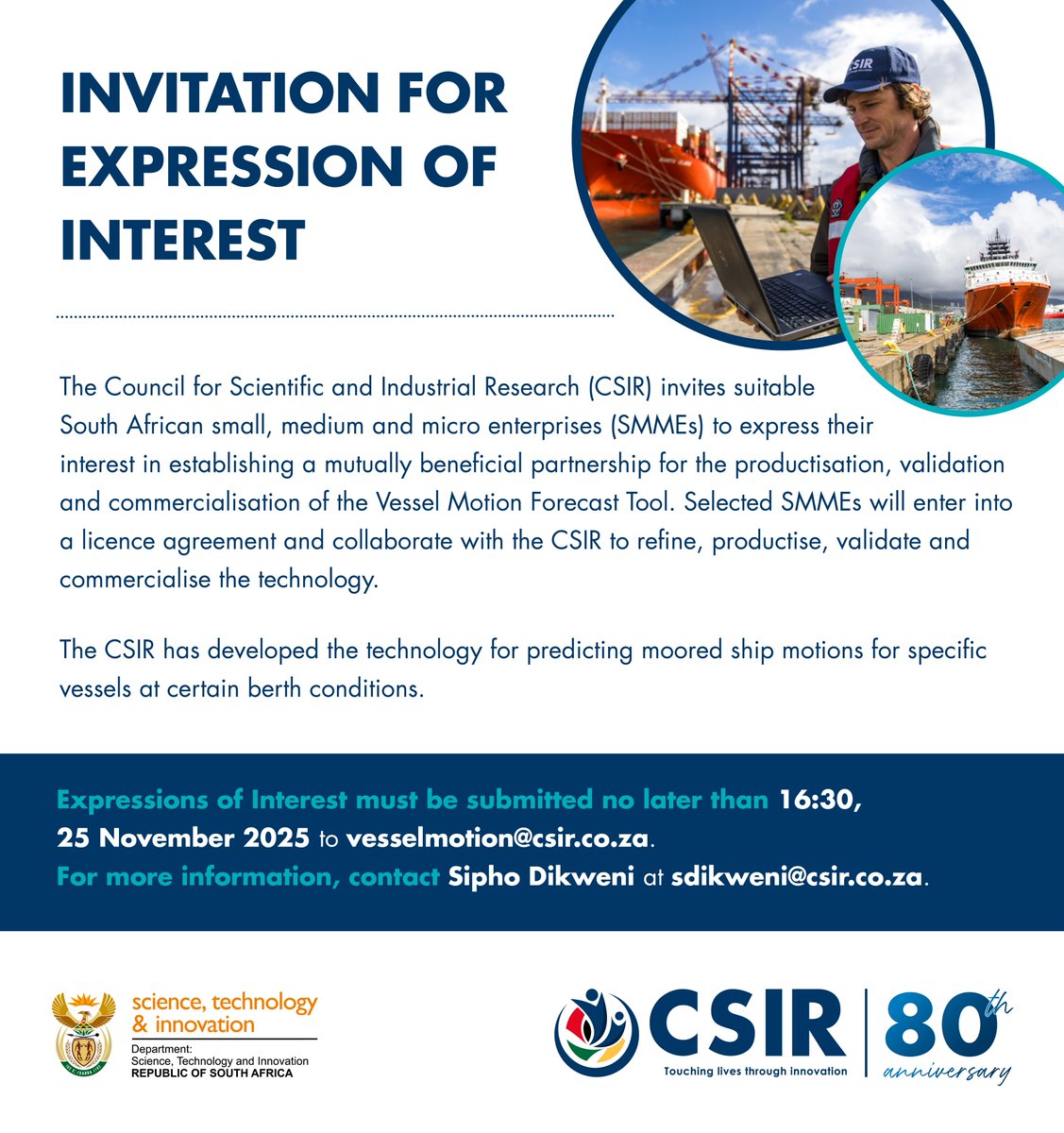 CSIR's tweet image. Call for Expression of Interest for a partnership agreement for the commercialisation of the Vessel Motion Tools
Closing date for application: 25 November 2025
Link for more information: csir.co.za/sites/default/…