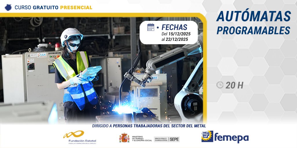 FEMEPA_LP's tweet image. 📢 Abierto el plazo de inscripción para el curso gratuito: autómatas programables, subvencionado por el Servicio Público de Empleo Estatal.