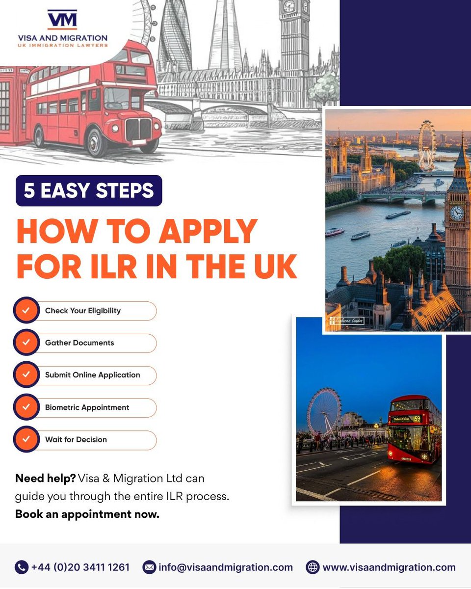visamigrationuk's tweet photo. 📄💁 How to Apply for ILR in the UK — 5 Easy Steps
✔ Check Your Eligibility
✔ Gather Documents
✔ Submit Online Application
✔ Biometric Appointment
✔ Wait for Decision
#VisaAndMigration #UKImmigration #ILRUK #IndefiniteLeaveToRemain #UKVisa #ImmigrationExperts https://t.co/Y4CFWZqsry