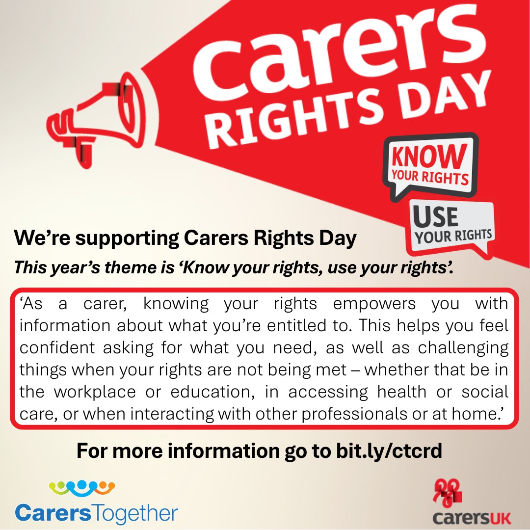 We're Supporting Carers Rights Day...

This year, Carers Rights Day is on Thursday 20 November and the theme is 'Know your rights, use your rights.'

For more inforamation visit bit.ly/ctcrd

#CarersRightsDay
<a href="/CarersUK/">Carers UK</a>