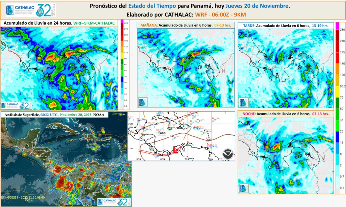 Pronóstico de Acumulado de Lluvia en 24 horas para Panamá hoy 20 de noviembre, 2025. La interacción entre la ZCIT y la Baja presión al norte de Colombia generarán lluvias abundantes en el Caribe central y oriental; también en la vertiente del Pacífico en el sur de Veraguas, Los