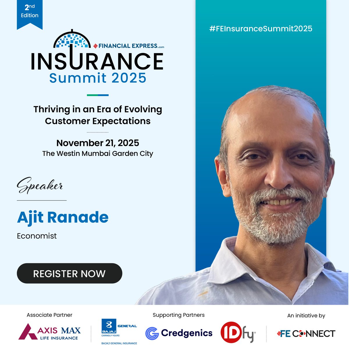 We are elated to have Ajit Ranade, Economist, as a distinguished speaker for the 2nd Edition of the FE Insurance Summit 2025.

November 21, 2025 | The Westin Mumbai Garden City 
Register now: shorturl.at/ShC5w

<a href="/AxisMaxLifeIns/">Axis Max Life Insurance</a> | @Credgenics | <a href="/bajajgeneral/">Bajaj General Insurance</a> | IDfy