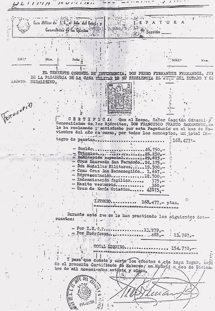 La última nómina de Franco (noviembre de 1975)
En los 70, una TV costaba 25.000 ptas. El coche de moda era el Renault 5, en 1972 costaba unas 131.810. Piso en Madrid o Barcelona, unos 80 m., algo + de 2 millones. El décimo de Navidad en 1977 valía 2.000 y el premio de 20.000.000.
