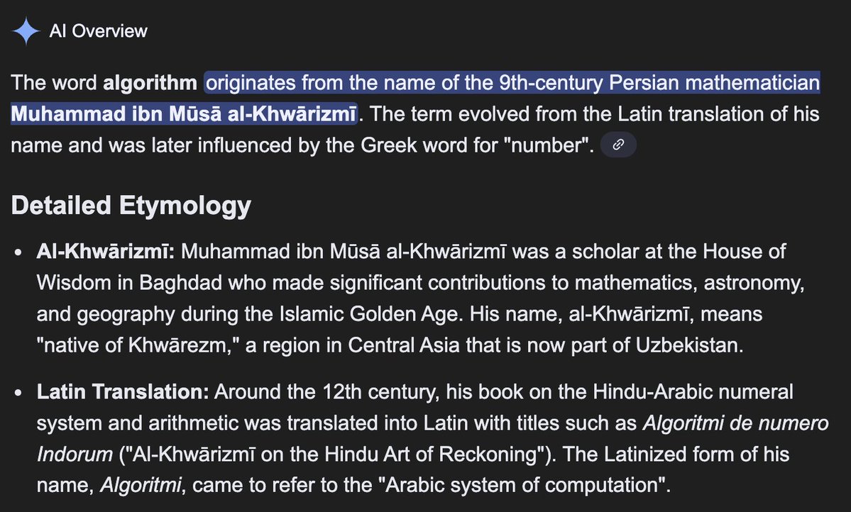 Screenshot explaining that the word algorithm comes from the name of 9th-century Persian mathematician Muhammad ibn Musa al-Khwarizmi during the Islamic Golden Age