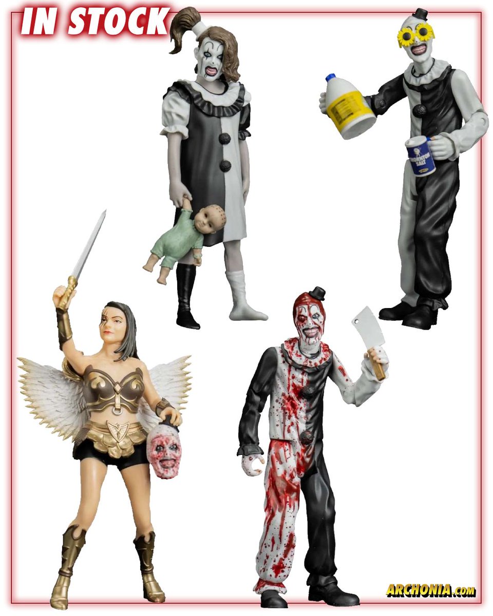 Archonia's tweet image. Art is ready for his close-up! 🤡 

This terrifying set is IN STOCK now!

Get the set before they vanish! 
Grab your horror figures today via archo.co/4r6MADb 😱🔪📦

#Terrifier2 #ArtTheClown #SiennaShaw #InStock #HorrorToys #NECA #ActionFigures #Horror