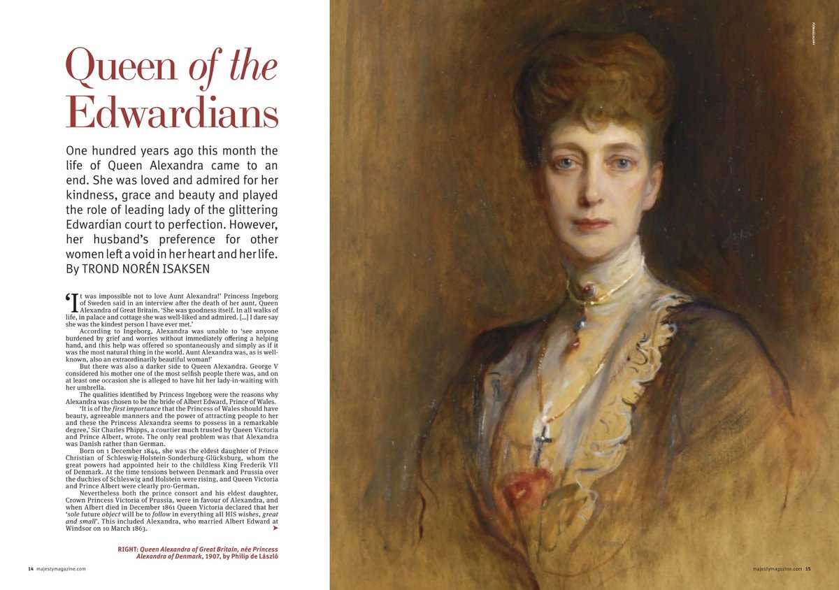MajestyMagazine's tweet image. Queen Alexandra died at Sandringham 100 years ago today. Trond Norén Isaksen tells the royal matriarch&apos;s story in our November issue: pocketmags.com/majesty-magazi…