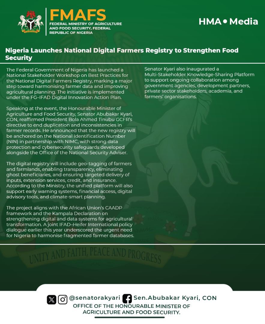 Nigeria Launches National Digital Farmers Registry to Strengthen Food Security

The Federal Government of Nigeria has launched a National Stakeholder Workshop on Best Practices for the National Digital Farmers Registry, marking a major step toward harmonising farmer data and