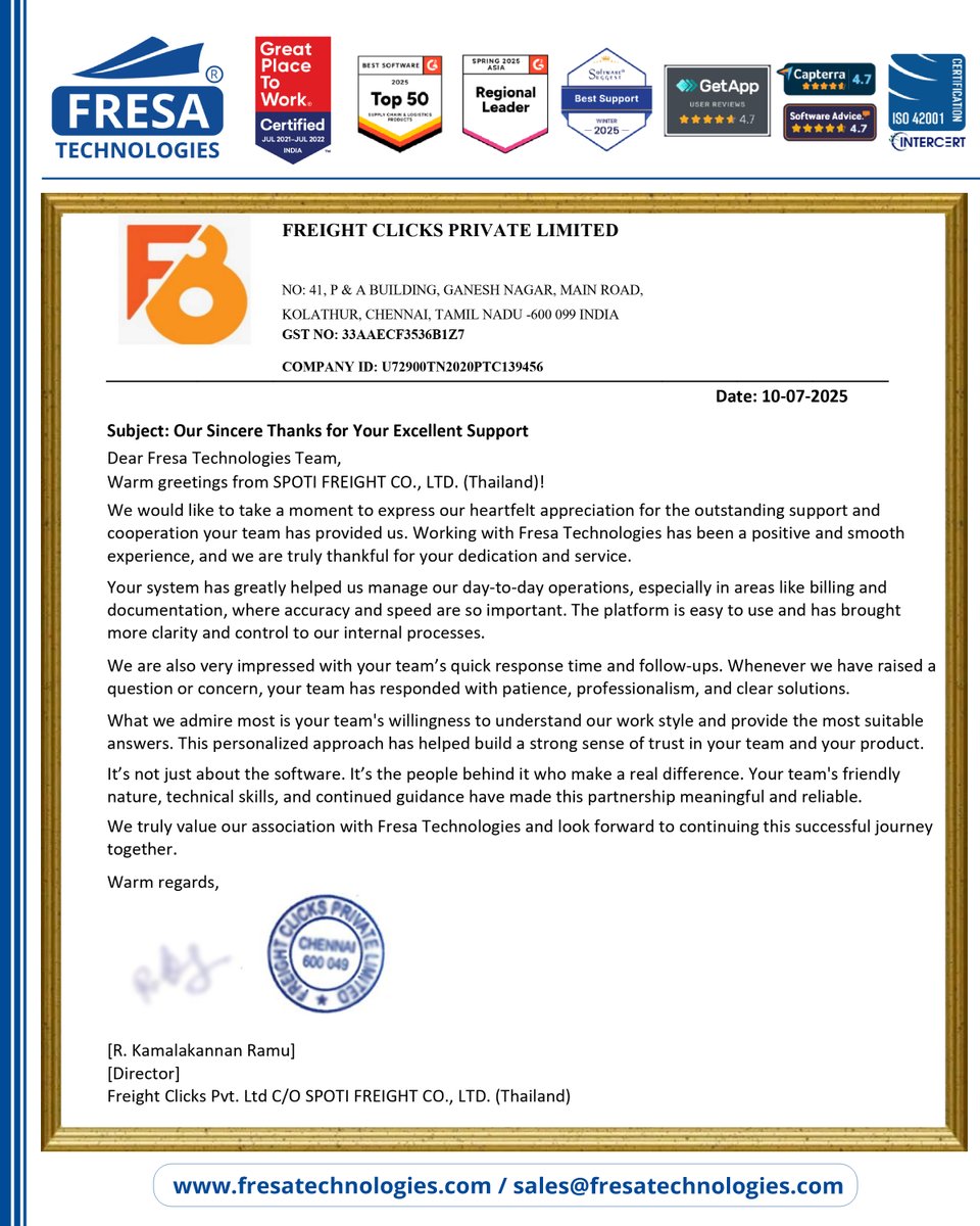 fresatechnology's tweet image. ✨We are deeply grateful to SPOTI FREIGHT THAILAND CO., LTD.  for their kind appreciation letter.

For more queries please visit below link 👇fresatechnologies.com/clients-feedba…

#FresaTechnologies #FreightSolutions #FreightForwarding #LogisticsSoftware #CustomerSatisfaction #HappyCustomer