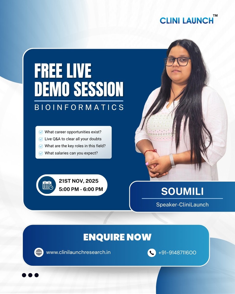 clinilaunch's tweet image. Join us on 21st Nov, 5-6 PM to explore career opportunities, key roles, and salary expectations in this exciting field.

✅ Live Q&amp;amp;A
👉 Register now

#Bioinformatics #CliniLaunch #CareerGrowth #LiveDemo