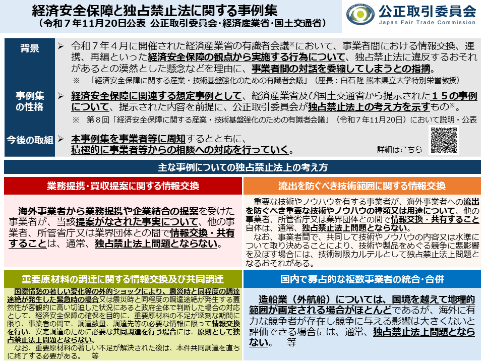 経済安全保障と独占禁止法に関する事例集」等を公表しました】 経済