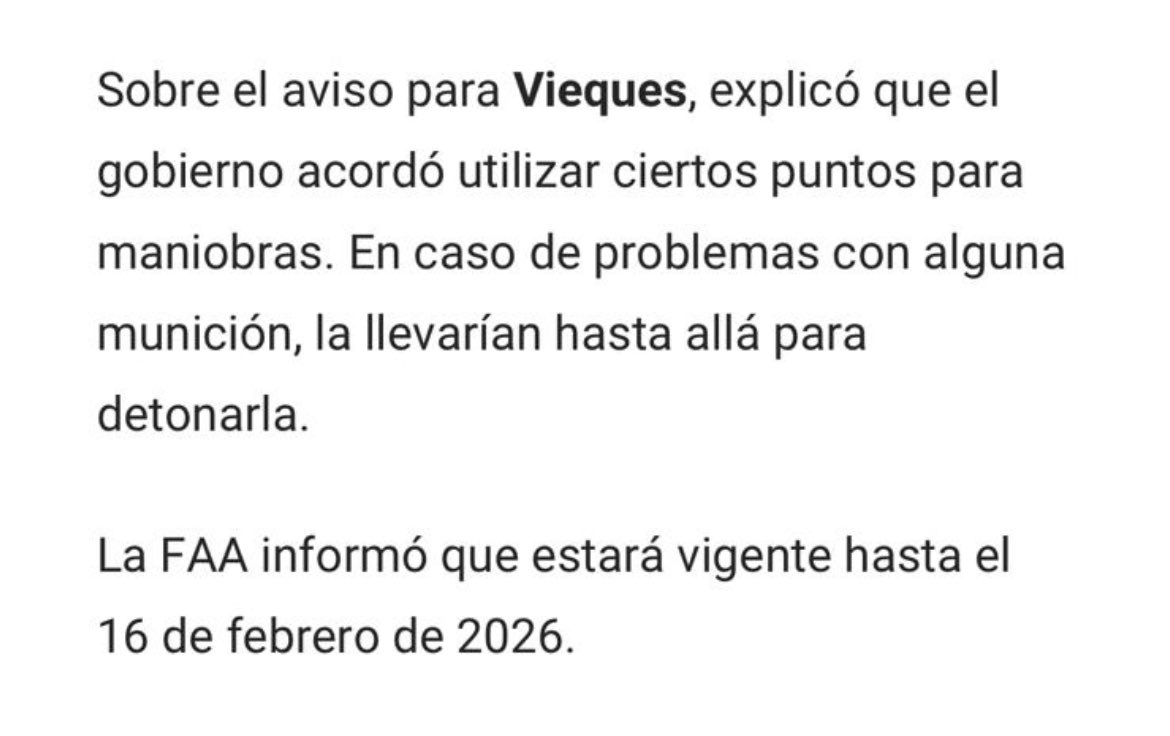 La Gobernadora y el Comisionado Residente habían expresado su rechazo a que se retomaran prácticas o maniobras militares en Vieques y Culebra. 

Su silencio en cuanto a este aviso de la FAA los hará cómplices y una elocuente admisión de q hablan a las gradas. 

Fuente: Telemundo