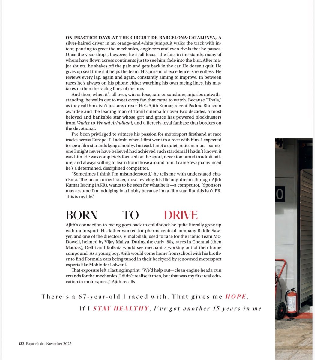 SureshChandraa's tweet image. .@esquire November Issue. Words by #RenukaKirpalani 
@Akracingoffl 
#AjithKumarRacing #RedAntRacing 
#AKR
#MotorsportIndia
#IndianMotorsport
#RaceModeOn
#RacingCommunity