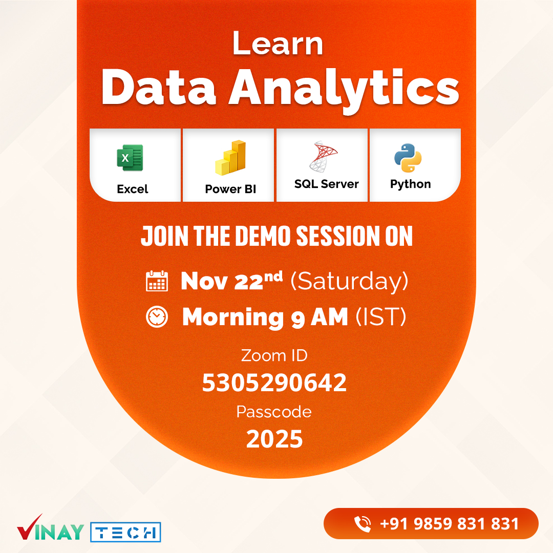 vinay_Techhouse's tweet image. Join our Data Analytics Demo Sessions!
🗓️ Nov 22nd &amp;amp; 23rd (Mon &amp;amp; Tues)
🕙 9:00 a.m
👨‍🏫 Live with Mr. Gopal

🔗 Zoom Access:
us02web.zoom.us/j/5305290642
Pw: 2025

+91 9859 831 831
🌐 vinaytechhouse.com

#DataAnalytics #DataAnalyticsTraining #DataAnalyticsCourse #PowerBI #SQL