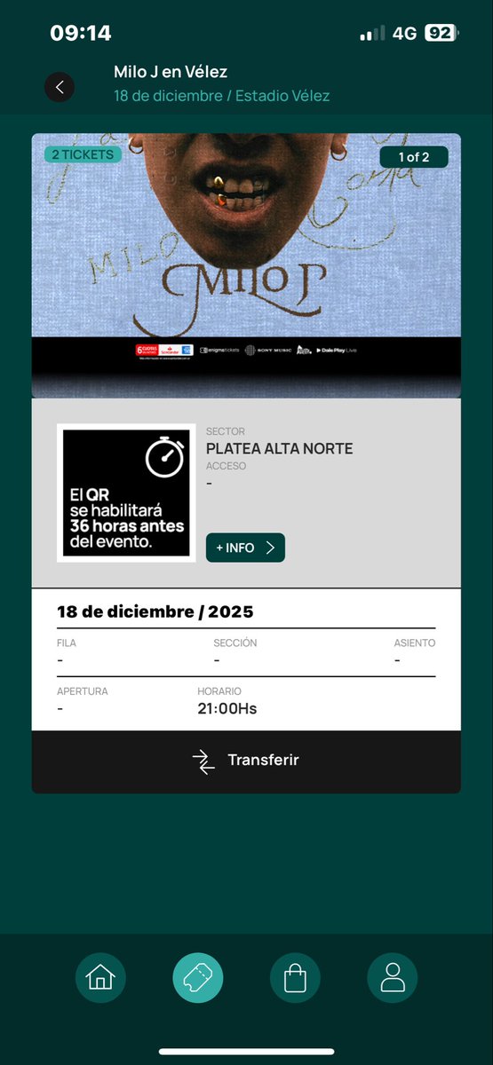 Vendo 2 entradas para el vélez de Milo J el 18/12 para platea alta norte