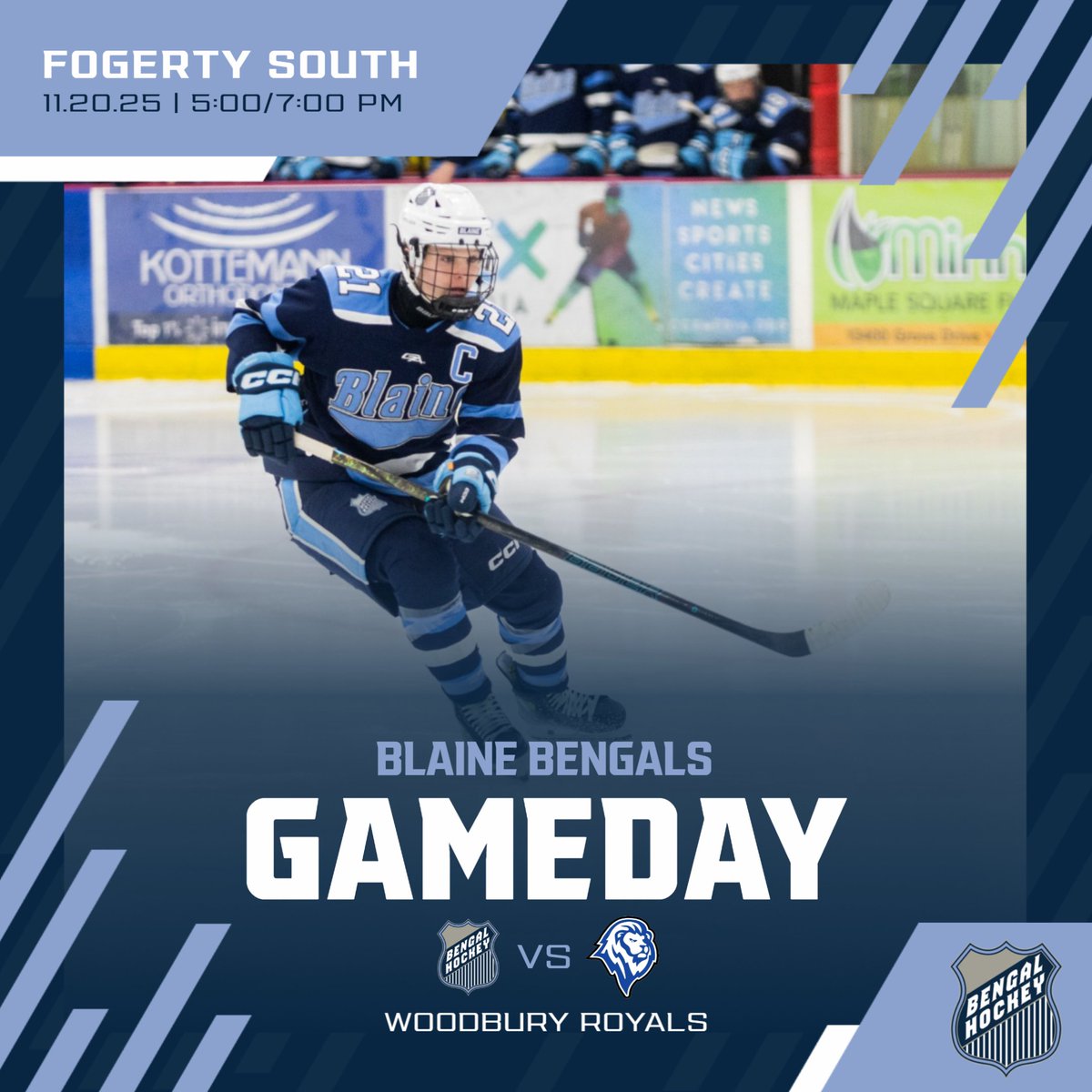 🏒 It’s Game Day! 🏒

The Bengals hit the ice for their first home game of the season!

📍 Location: Fogerty South Arena
🕔 JV: 5:00 PM
🕖 Varsity: 7:00 PM
Opponent: Woodbury Royals

Come out and show your Bengal pride—let’s pack the stands and cheer the team to victory!