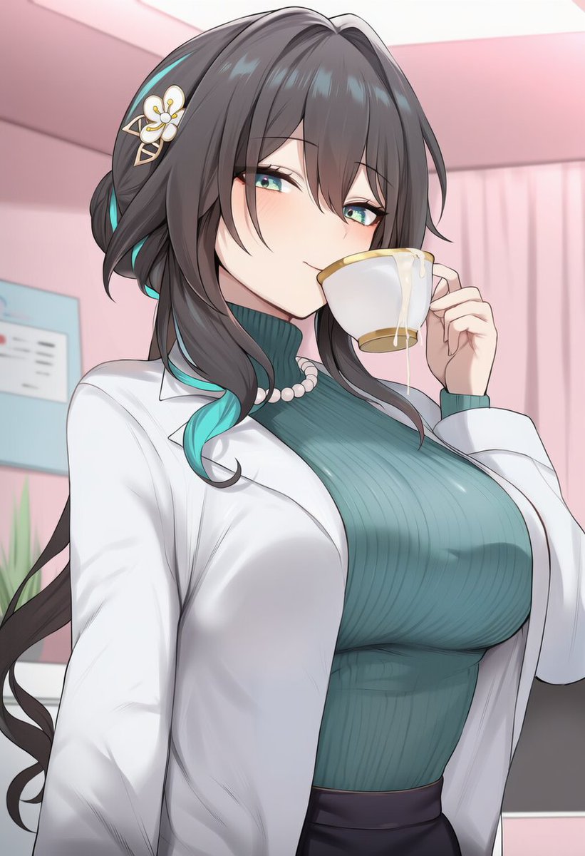 ※飲ザー注意

【キャラ】ルアンメェイ
【服装】OL、リブ編みのセーターに白衣を羽織る
【内容】キス手コキをしながら机の上のティーカップに射精を促されその後、口に含んで舌の上の精液をこちらにみせつけてから嬉しそうに飲み込む

この人何着ても似合うのずるい
リクエストありがとうございました! 