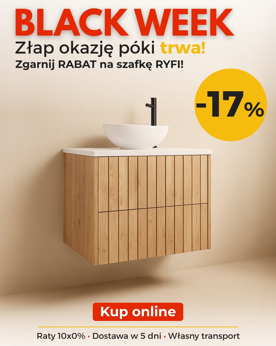 meblifymeble's tweet photo. Tylko do 23.11 szafki RYFI tańsze o -17% 💥

Wpisz w koszyku RYFIBLACK17 i zgarnij rabat✨
👉 Rozmiar 60 lub 80 cm
👉 Fronty ryflowane z płyty MDF

Zobacz więcej: https://t.co/8vJBojvMtE
Dostawa gratis 🚛 | Raty 10x0% 💳
#meblify #promocja #blackweek #blackmonth #łazienka https://t.co/Iyp2BQDRCA