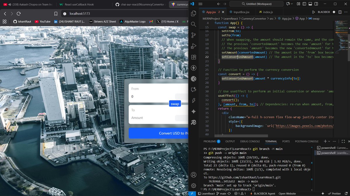 IshantRaut3's tweet photo. Day 13βοΈToday I Have created Two Project 1. Password Generator 2. Currency Convertor In this I have used Concept like UseEffect, UseCallback,UseRef. #WebDevelopment #ReactJS #100DaysOfCode #React #frontenddevelopers #Development #LearnInPublic #TUFWinterArc https://t.co/EwWJv00iQQ