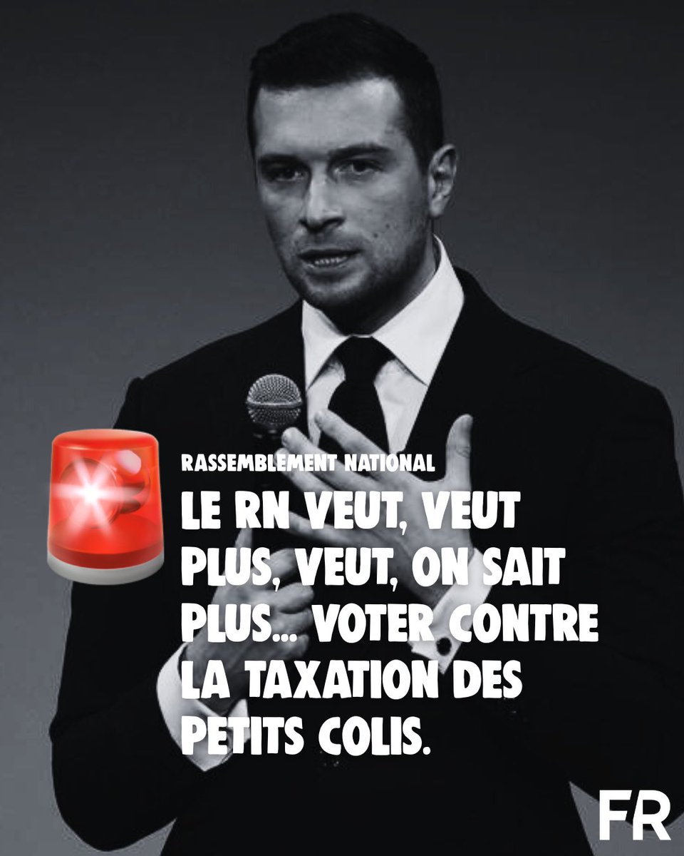 🚨 Alerte incohérence au RN

Marine Le pen a annoncé hier soir dans l'hémicycle que son groupe votera contre la taxation des petits colis...

Pourtant, il y a seulement quelques jours, Jordan Bardella se déclarait totalement favorable à cette mesure, la présentant comme un moyen