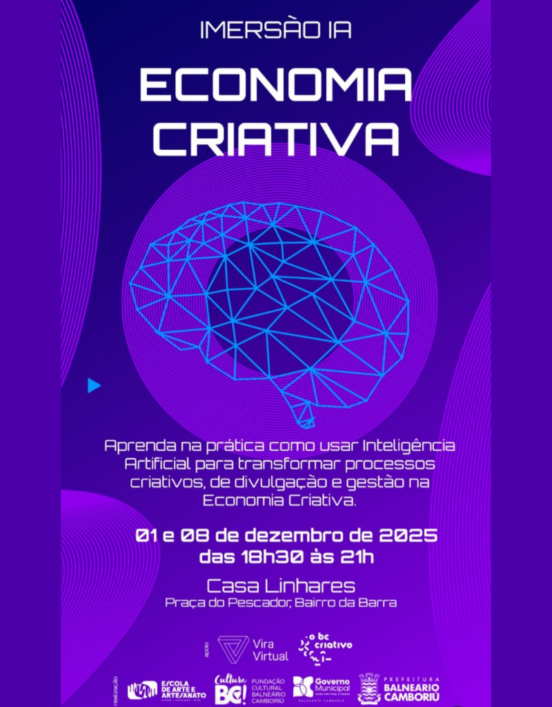 viravirtual's tweet photo. [EVENTO] IA Aplicada à Economia Criativa em Balneário Camboriú.
A Fundação Cultural de BC convida para dois encontros práticos sobre Inteligência Artificial ministrados pela especialista Fer Tula.
Inscrições: https://t.co/BHdoEd6UJO
#Viravirtual #IA #EconomiaCriativa #BC https://t.co/7A1u5Xbqmr