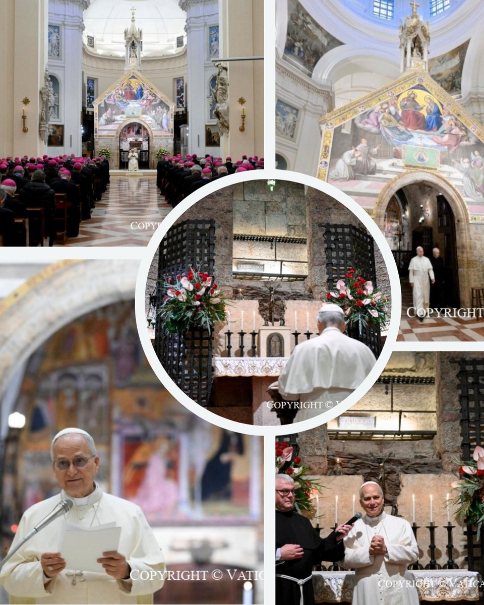 El papa #LeónXIV se reunió esta mañana con los obispos italianos en la basílica Santa María de los Ángeles de Asís.  

Estuvo también en la basílica de #SanFrancisco.  

Que San Francisco proteja al papa en la misión que Cristo le ha confiado.  

Fotos de Vatican News