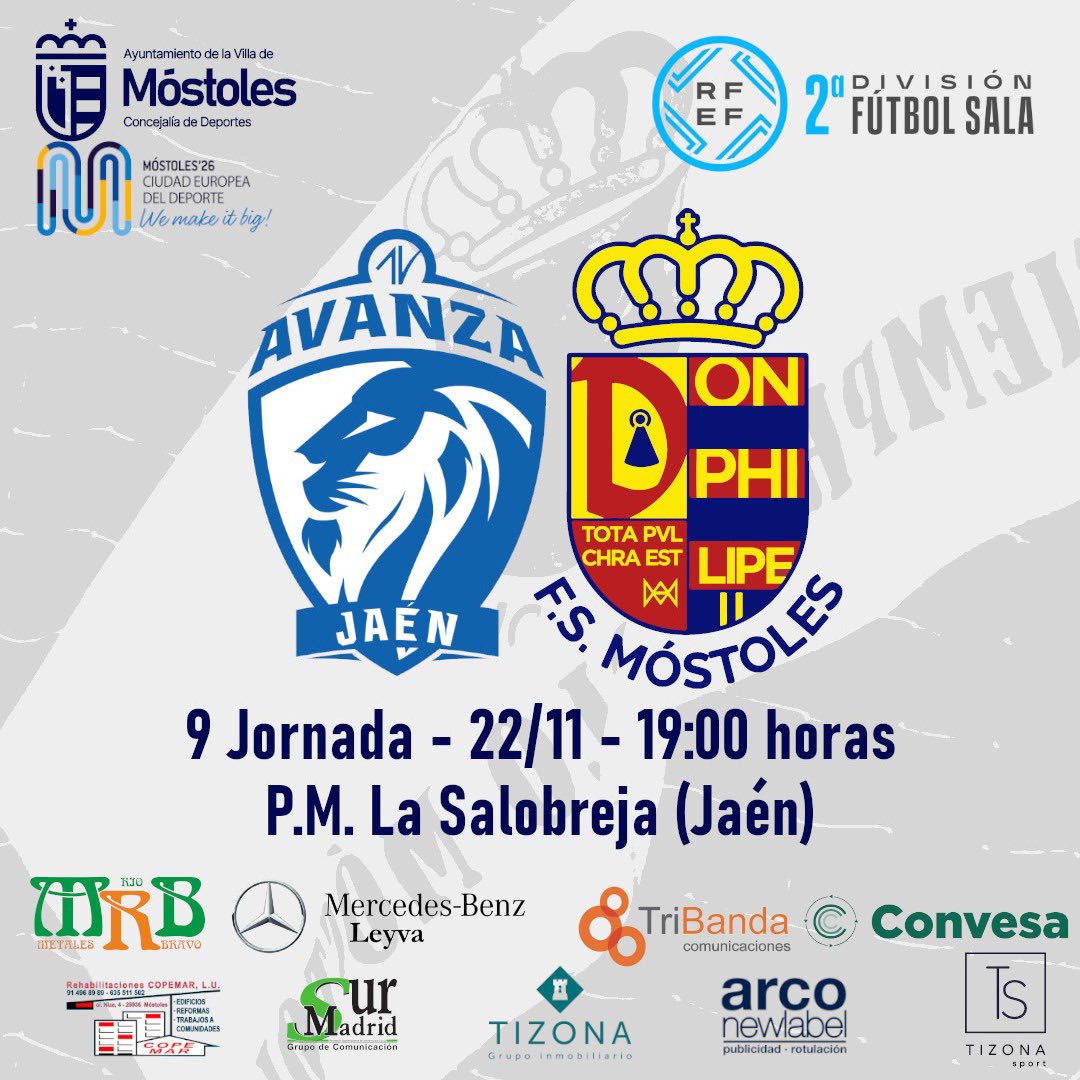 💙PRIMER EQUIPO💙
Volvemos a Jaén, volvemos a medirnos al <a href="/AvanzaJaen/">Avanza Jaén Paraíso Interior FS</a> 
Dijimos que volveríamos a juntarnos en la pista, seguro que el partido no defrauda…
<a href="/deportesmost/">Concejalía de Deportes Móstoles</a> <a href="/metalesRB/">Metales Rio Bravo</a> <a href="/MBleyva/">Mercedes Benz Leyva</a> <a href="/TriBanda_/">TriBanda</a> <a href="/grupotizona/">Tizona Inmobiliaria</a> <a href="/PrensaSurMadrid/">Sur Madrid Periódico</a> <a href="/FutSalRFEF/">Futsal RFEF</a> <a href="/RFFM_FutbolSala/">Comité de Fútbol Sala - RFFM</a> 
#canteraazul