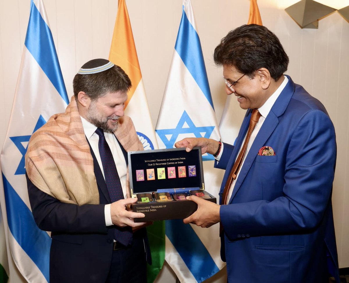 sidhant's tweet image. Indian trade minister Goyal meets Israel&apos;s Minister of Finance Bezalel Smotrich