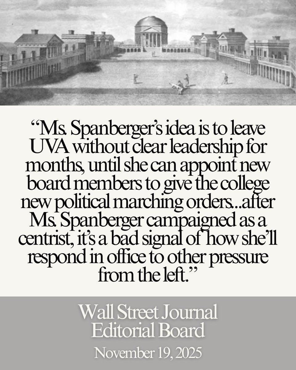 From the Wall Street Journal Editorial Board, here's a strong, concise summary of Spanberger's "premature takeover of UVA."

🔥"Ms. Spanberger's overreach comes at a delicate time at UVA...if Ms. Spanberger reopens the issue, she could put the settlement in jeopardy and UVA back