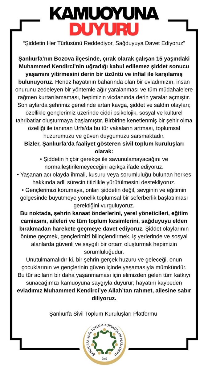 PlatformUrfa's tweet image. KAMUOYUNA DUYURULUR 

“Şiddetin Her Türlüsünü Reddediyor, Sağduyuya Davet Ediyoruz”

#Şiddet #urfa #bozova #stkurfa