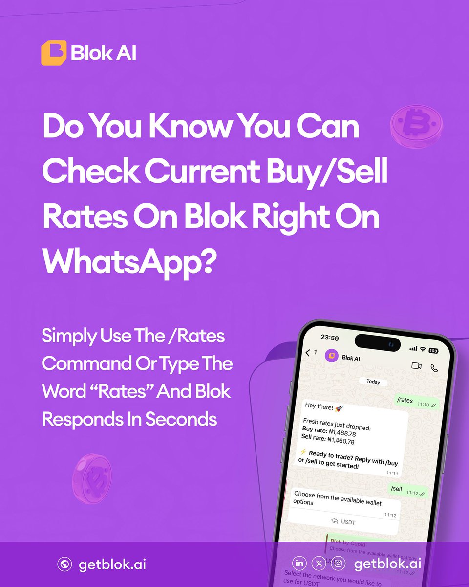 getblokai's tweet image. Check live buy/sell rates before making your transactions on Blok and enjoy instant updates right  on WhatsApp. ⚡️

No stress. No guessing. Just clean, real-time updates that helps you trade with confidence.🥳

Click the link in our bio to get started and join the #BlokGeng 😎