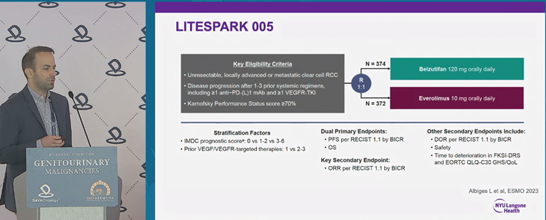 DAVAOnc's tweet image. Dr. Minas Economides (@minaseconomides @nyulangone @Perlmutter_CC) highlighted LITESPARK-005 showing a 26% reduction in progression risk with belzutifan, and discussed how integrating HIF-2α inhibition with CAIX-targeted imaging may clarify ccRCC biology. #DAVAGU