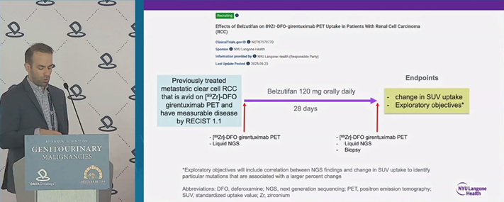DAVAOnc's tweet image. Dr. Minas Economides (@minaseconomides @nyulangone @Perlmutter_CC) highlighted LITESPARK-005 showing a 26% reduction in progression risk with belzutifan, and discussed how integrating HIF-2α inhibition with CAIX-targeted imaging may clarify ccRCC biology. #DAVAGU